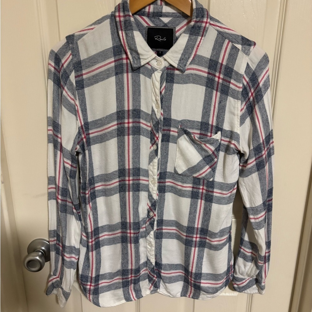 Rails Plaid Button Down Shirt Women’s Size Small White Blue Red Flannel Style
